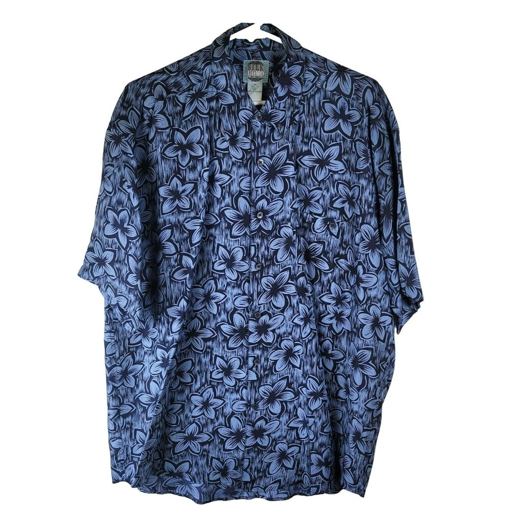 Silk UOMO Men's Hawaiian Shirt Dressy Blue Black Floral Size Medium  JH1576